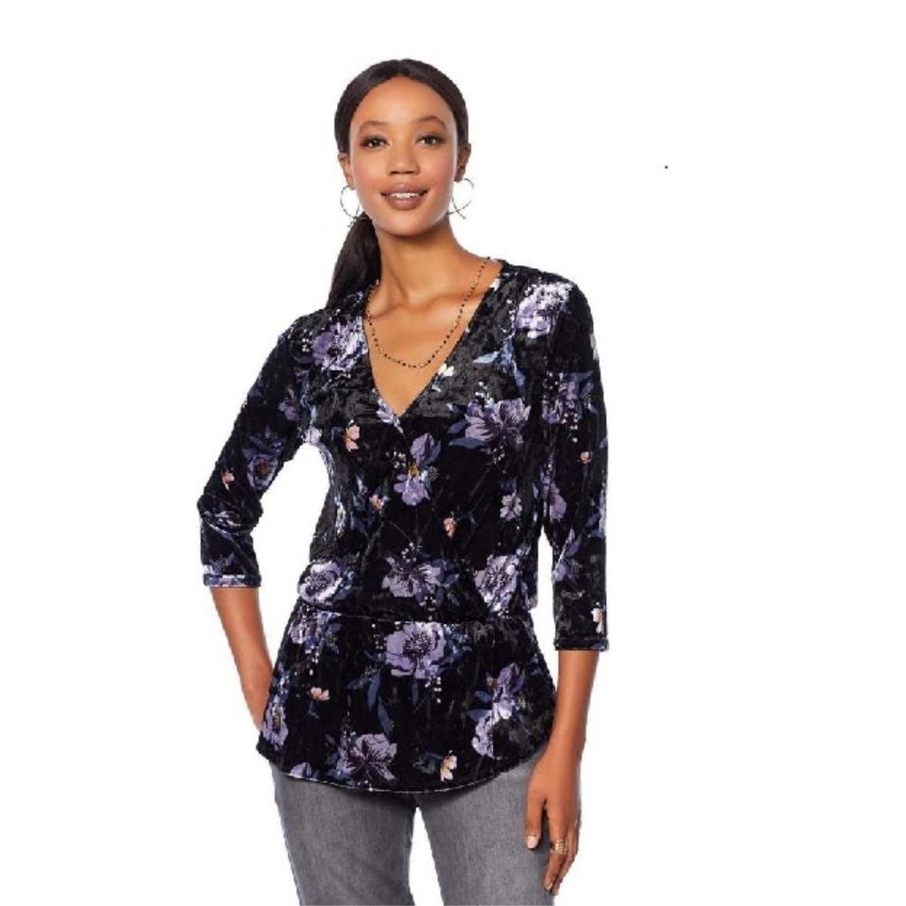 Motto Crushed Velvet Printed Surplice Top 628-181